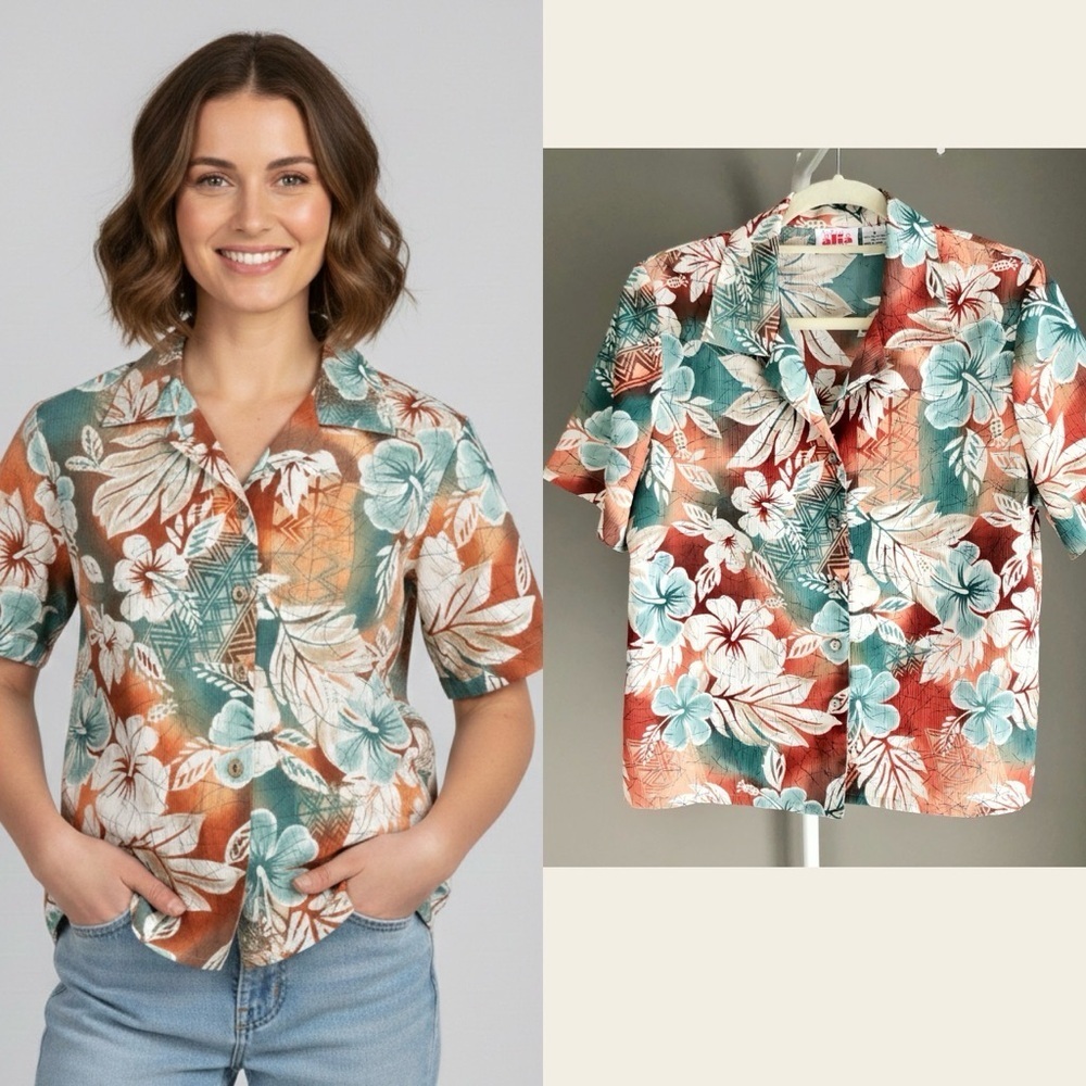 Vintage Colorful Tropical oversized Pattern Hawaiian floral blouse shirt. medium